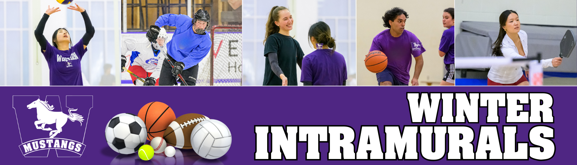 Students playing different intramural sports. Winter Intramurals. Western Mustangs logo. Purple Bar. Cartoon sports balls.
